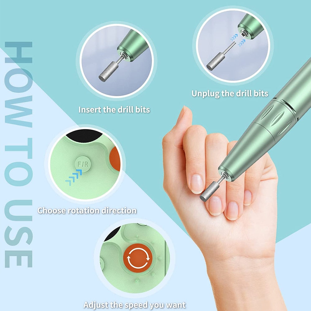Portable Nail Drill Pen Polisher Rechargeable Electric Nail Drill