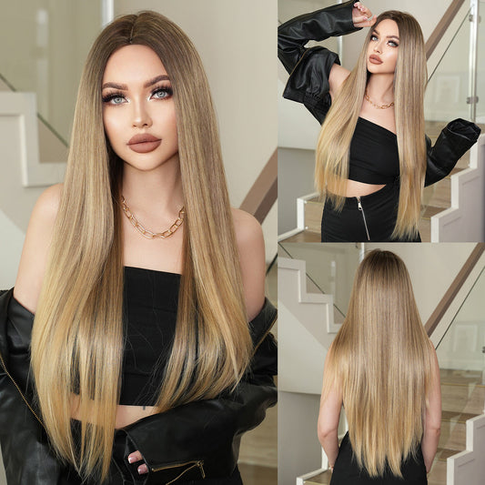 Super Long Medium Straight Hair Full-head Wig Natural Gold Gradient