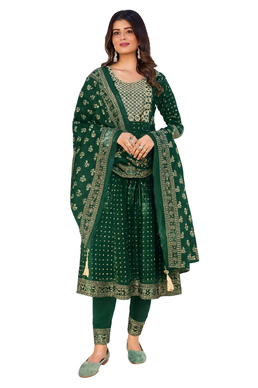 Embroidered Straight Kurta Set with Dupatta for Women-Green (Size-XXS)