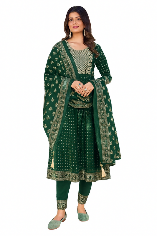 Embroidered Straight Kurta Set with Dupatta for Women-Green (Size-XXS)